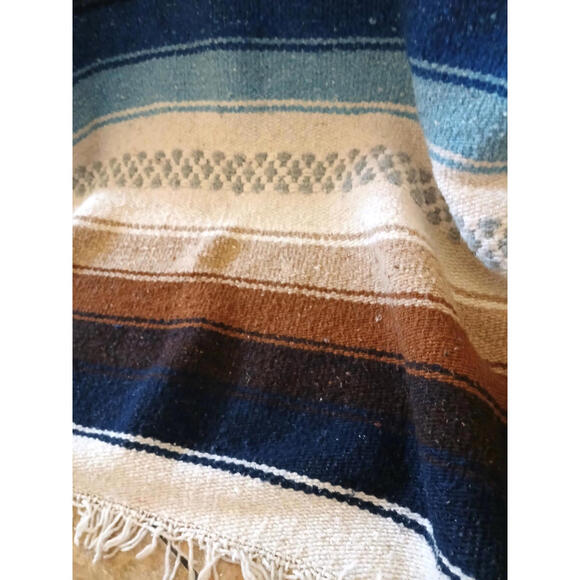 Vintage Mexican Woven Wool Saltillo Serape Blanket Multicolor Stripes & Fringe - Picture 4 of 9